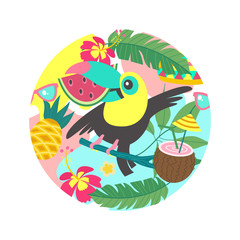 Hello summer. Aloha. Cute funny cartoon Toucan. Tropical paradise. Vector illustration. © katedemian