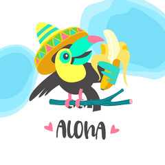 Hello summer. Aloha. Cute funny cartoon Toucan. Tropical paradise. Vector illustration. © katedemian