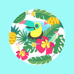 Hello summer. Aloha. Cute funny cartoon Toucan. Tropical paradise. Vector illustration. © katedemian