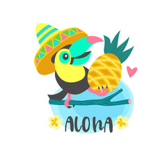 Hello summer. Aloha. Cute funny cartoon Toucan. Tropical paradise. Vector illustration. © katedemian
