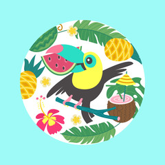 Hello summer. Aloha. Cute funny cartoon Toucan. Tropical paradise. Vector illustration. © katedemian