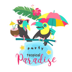 Hello summer. Aloha. Cute funny cartoon Toucan. Tropical paradise. Vector illustration. © katedemian