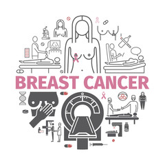 Breast Cancer banner. Symptoms, Causes, Treatment. Vector illustration.