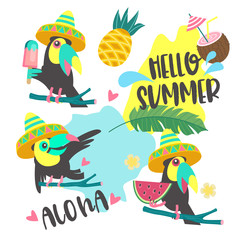 Aloha. Hello summer. A set of cheerful toucans. One Toucan in a Mexican hat holds ice cream. The second Toucan in the hat sits on a tree branch. The third holds a piece of watermelon in his paw.  © katedemian