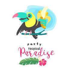 Hello summer. Aloha. Cute funny cartoon Toucan. Tropical paradise. Vector illustration. © katedemian