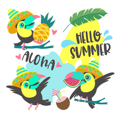 Obraz na płótnie Canvas Hello summer. Aloha. Cute funny cartoon Toucan. Tropical paradise. Vector illustration.