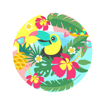 Hello summer. Aloha. Cute funny cartoon Toucan. Tropical paradise. Vector illustration.