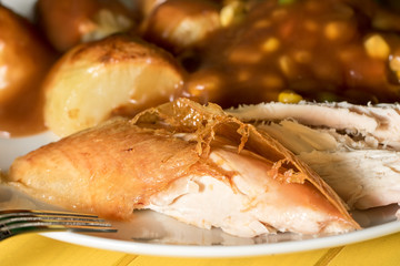 Crispy skin roast chicken dinner. Home-cooked meal in close-up.