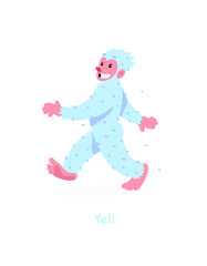 An illustration of a cartoon Yeti. Vector illustration. A walking white yeti is coming. Image is isolated on white background. Flat fashion illustration for banner, print and website. Mascot company.