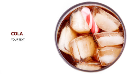 Fototapeta na wymiar Cola in glass with straw and ice cubes isolated on white background. Soda with bubbles isolated on white. Refreshing non-alcoholic drink