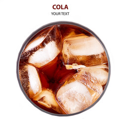 Cola in glass with straw and ice cubes isolated on white background. Soda with bubbles isolated on...
