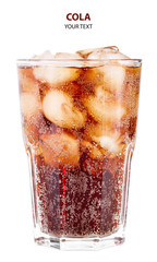 Cola in glass with straw and ice cubes isolated on white background. Soda with bubbles isolated on white. Refreshing non-alcoholic drink