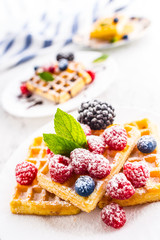 Fresh waffles with berries sugar powder ant mint leaves.