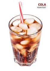 Cola in glass with straw and ice cubes isolated on white background. Soda with bubbles isolated on white. Refreshing non-alcoholic drink
