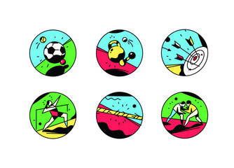 A set of icons on a theme of sports. Vector illustration. Vintage style, retro. Sport games. Square icons for the site, banner. Brand stickers, avatrack. Shooting, wrestling, jumping, gymnastics.