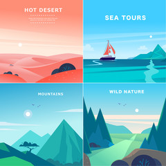 Vector set of flat summer landscape illustrations with desert, ocean, mountains, sun, forest on blue clouded sky. Perfect for travel camping tour poster, placard, flayer, leaflet, banner. Nature view.
