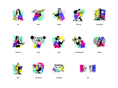 A set of icons on the theme of art forms. Music, choreography, singing, literature, theater, circus. Vector flat illustration. Hobbies of creative people. Icons for the site, banner and print. Emblems