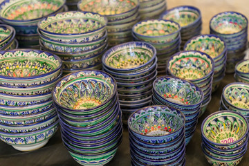 traditional Uzbek ceramic utensils - plates and bowls