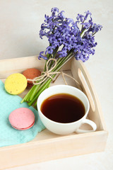 flowers, tea and macaroons