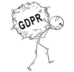 Cartoon stick drawing conceptual illustration of man or businessman carrying or walking with big piece of rock with text GDPR .