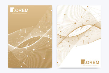 Modern vector template for brochure leaflet flyer cover catalog banner magazine or annual report in A4 size. Business, science and technology design book layout. Presentation with golden waves, lines.