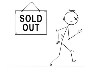 Cartoon stick drawing conceptual illustration of angry man or businessman walking vigorously from shop or store with sold out sign.