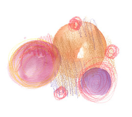 Composition of pink, blue and yellow circles painted in watercolor and colored pencils on clean white background