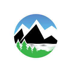 Circle mountain and wildlife logo vector element.