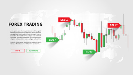 Forex trading promo page vector illustration. Web banner template for trading companies graphic design. Financial chart with signals to buy and sell for stock exchange market concept.