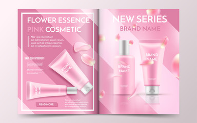 Pink cosmetic magazine design with realistic skin care bottles and tubes on a pink background with flower petals. A beautiful Cosmetic poter template with rose sakura, vector illustration for ads