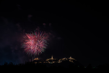 Beautiful fireworks with Phra Nakhon Khiri ancient place (Khao Wang) landmark of Phetchaburi Province Thailand