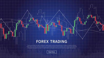 Candlestick chart in forex trade vector illustration on blue background. Forex trading (financial stock market) graphic design concept.