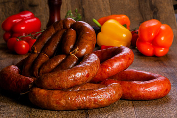 Pork sausages over wooden