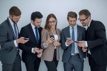 group of business people reading SMS