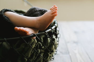The small newborn  lies in the basket