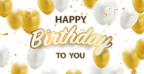 Happy birthday vector Celebration party banner Golden foil confetti and white and glitter gold balloons. © HNKz