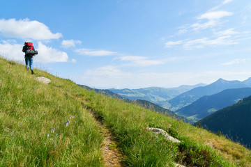 Fototapeta na wymiar Mann beim Wandern im Sommer in den Alpen
