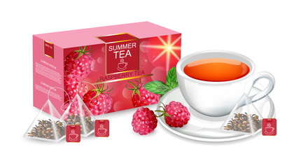 Tea packaging Vector realistic mock up. Summer raspberry flavor. 3d detailed illustration. Product packaging