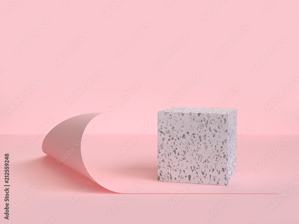 Poster 3d rendering pink scene curve paper and marble shape