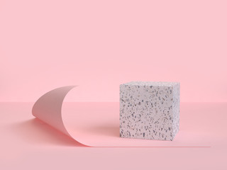 3d rendering pink scene curve paper and marble shape