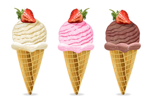 Ice cream cones Vector. Chocolate, vanilla and strawberry flavors