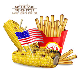 Grilled corn and french fries Vector realistic. Delicious fast food products. Detailed Templates © castecodesign