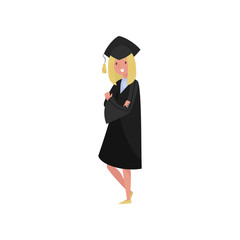 Happy female graduate, smiling graduation student girl in gown and cap vector Illustrations on a white background