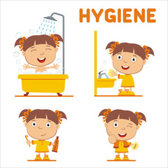 Set of little girl in cartoon style for rules of child hygiene: showering, washing hands, brushing her teeth.