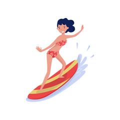 Surf girl riding wave with surfboard, extreme water sport cartoon vector Illustration on a white background