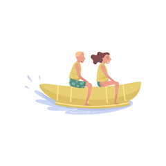Happy young couple riding on banana boat extreme water sport cartoon vector Illustration on a white background