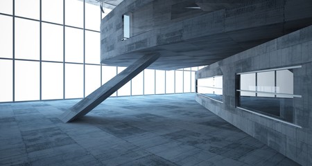 Abstract white and concrete parametric interior  with window. 3D illustration and rendering.