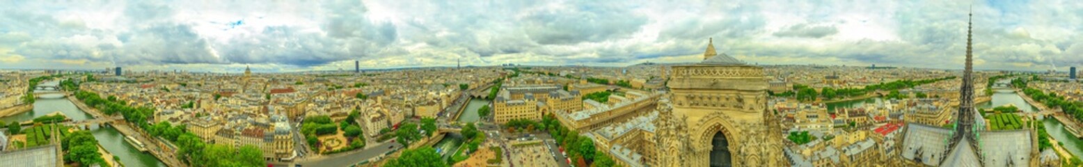360 degrees skyline aerial view of Paris in France with the Tour Eiffel tower and Pont Saint-Michel...