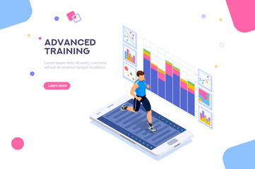 Treadmill exercising, fitness app for sports. Sportswear for man. Workout for wellness and activity of muscles. Male healthcare. Flat isometric vector illustration isolated on white background.