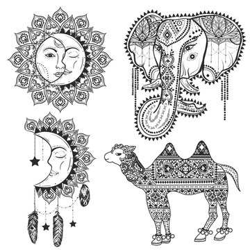 Set of boho design elements for coloring book. Ornamental sun eclipse, crescent, elephant and camel.